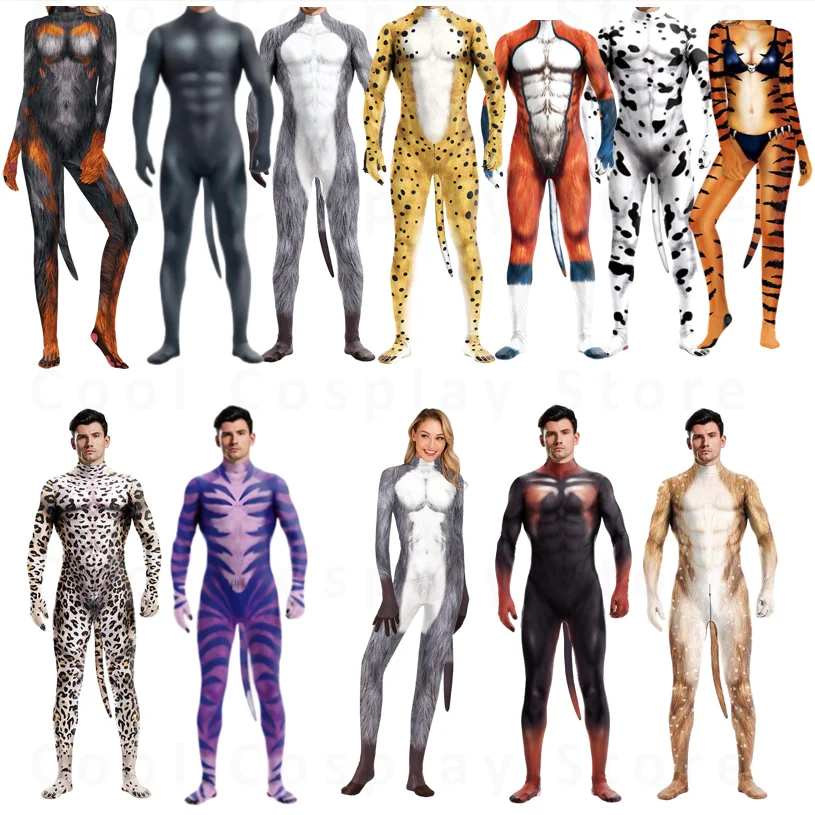 

Halloween Costume Adult Mens Wild Animal Cosplay Costume Full Cover 3D Print Beast Petsuit Jumpsuit Bodysuit Tail
