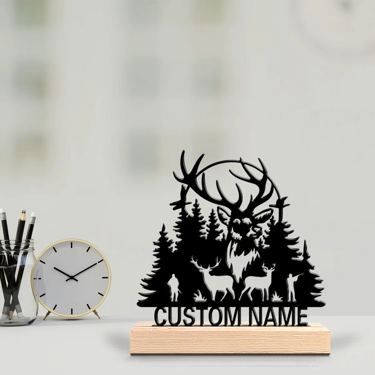 1pc Deer of the forest Customizable Text Tin Statue Metal Ornament Art Crafts With Wood Base Tin Statue Home Table