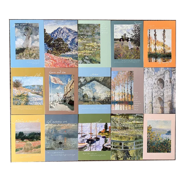 15 ورقة/مجموعة الفنانين المشهورين كلود مونيه سلسلة بطاقات بريدية الفن الإبداعي بطاقات المعايدة عيد ميلاد الديكور دعوة Lettterc