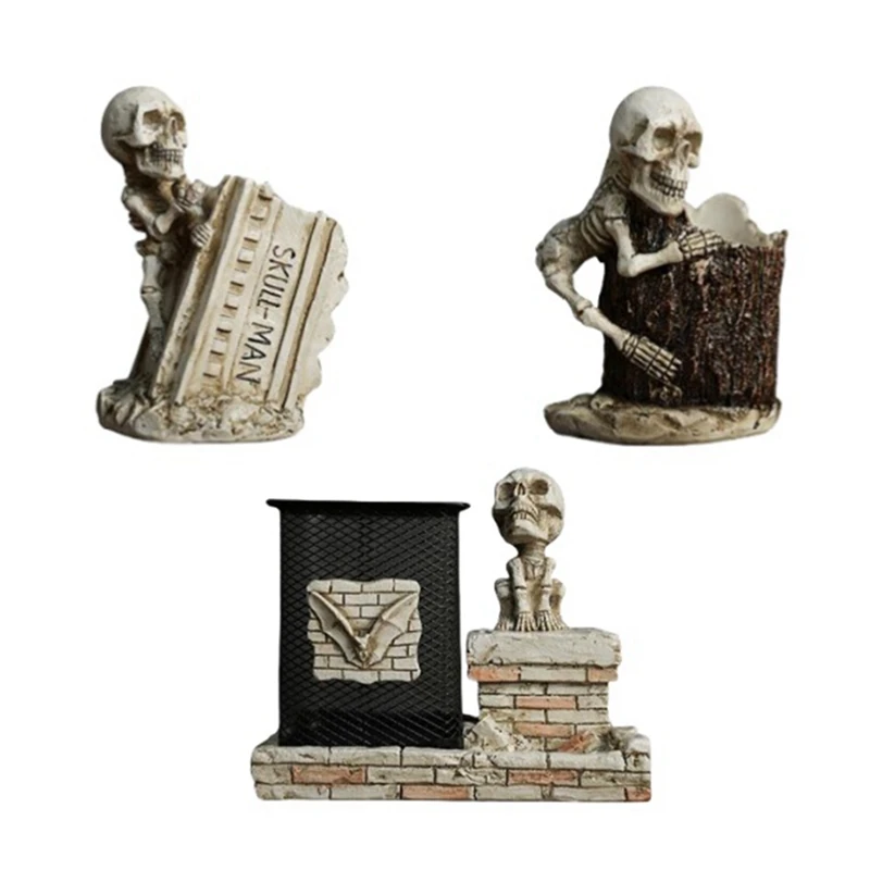 

Makeup Brush Holder Halloween Skeleton Resin Statue Pencil Container Holder Desktop Stationery Organizers For Pens