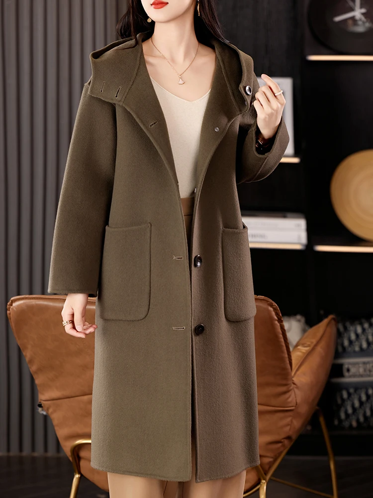 High Quality Pure Wool Coat Women Hoodie Autumn Winter Thick Warm 100% Wool Long Outerwear Trendy Styli Woolen Sweater Cardigan - Image 5