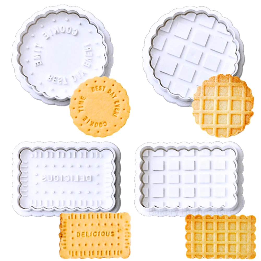 4Pcs Cookie Stamps 3D Biscuit Press Mold Square Cookie Cutter with Plunger Stamp DIY Cake Decoration Mould Baking Accessories