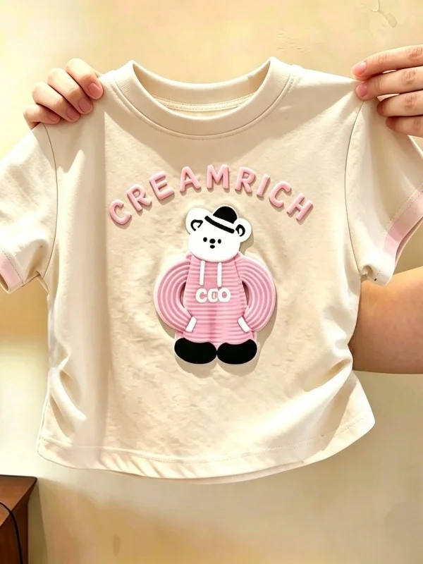 Cute Casual Short Sleeve T-Shirt for Girls Summer Print Base Shirt Children's Fashionable Top Cotton Blend round Neck Tee