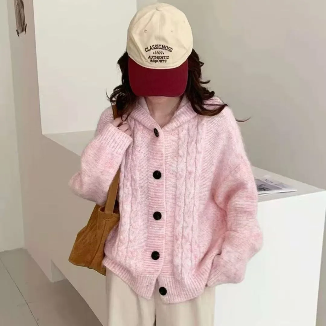 

Korean Lazy Style Hooded Twisted Flower Sweater Women Autumn Winter New Loose Long Sleeve Knitted Cardigan Casual Versatile Tops