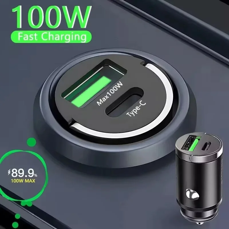 Mini Carregador Veicular 100W PD QC com Anel de Puxar, Carregamento Rápido USB C para iPhone, Xiaomi, Samsung, Huawei