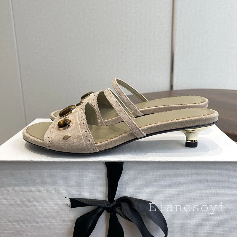 women's open toed slim low heel slippers with genuine leather and gemstone decoration solid color sandals summer beach slippers