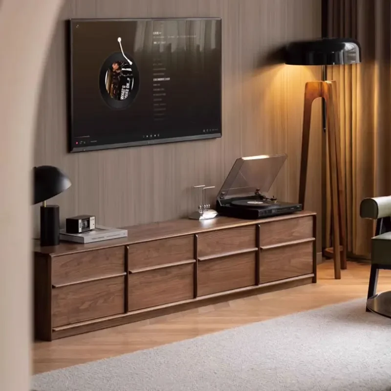 Nordic simple all-solid wood TV cabinet, black walnut floor-to-ceiling bone line audition cabinet