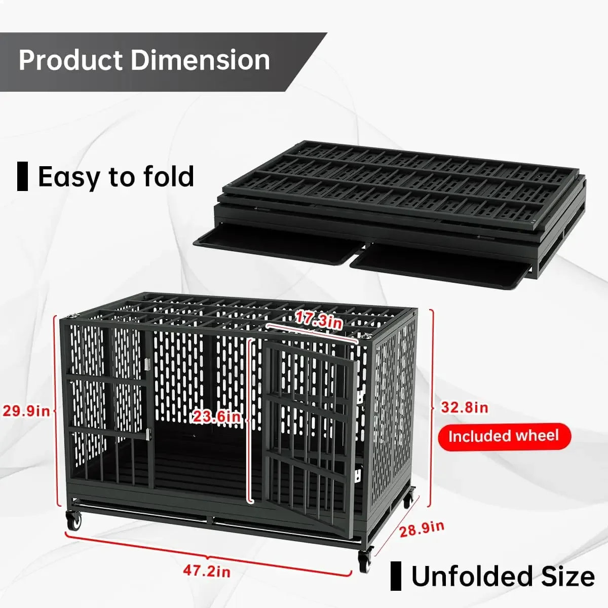 48/42/38 Inch Heavy Duty Dog Crate with Wheels, Folding Metal Big Dog Cage for Large and Medium Dogs, Extra Large XL XXL