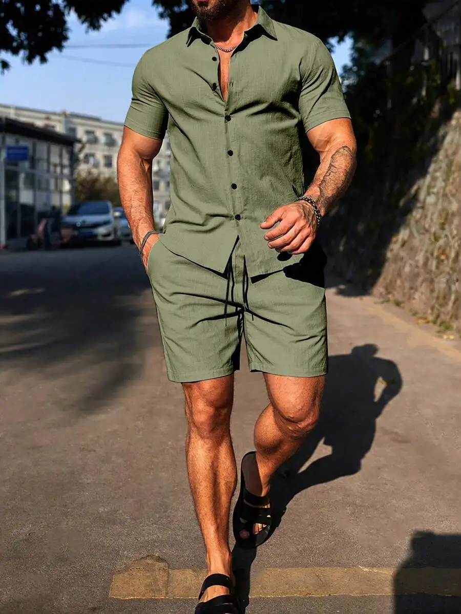 

Mens Solid Color Short Sleeve Shirt And Shorts Casual Summer Outfit