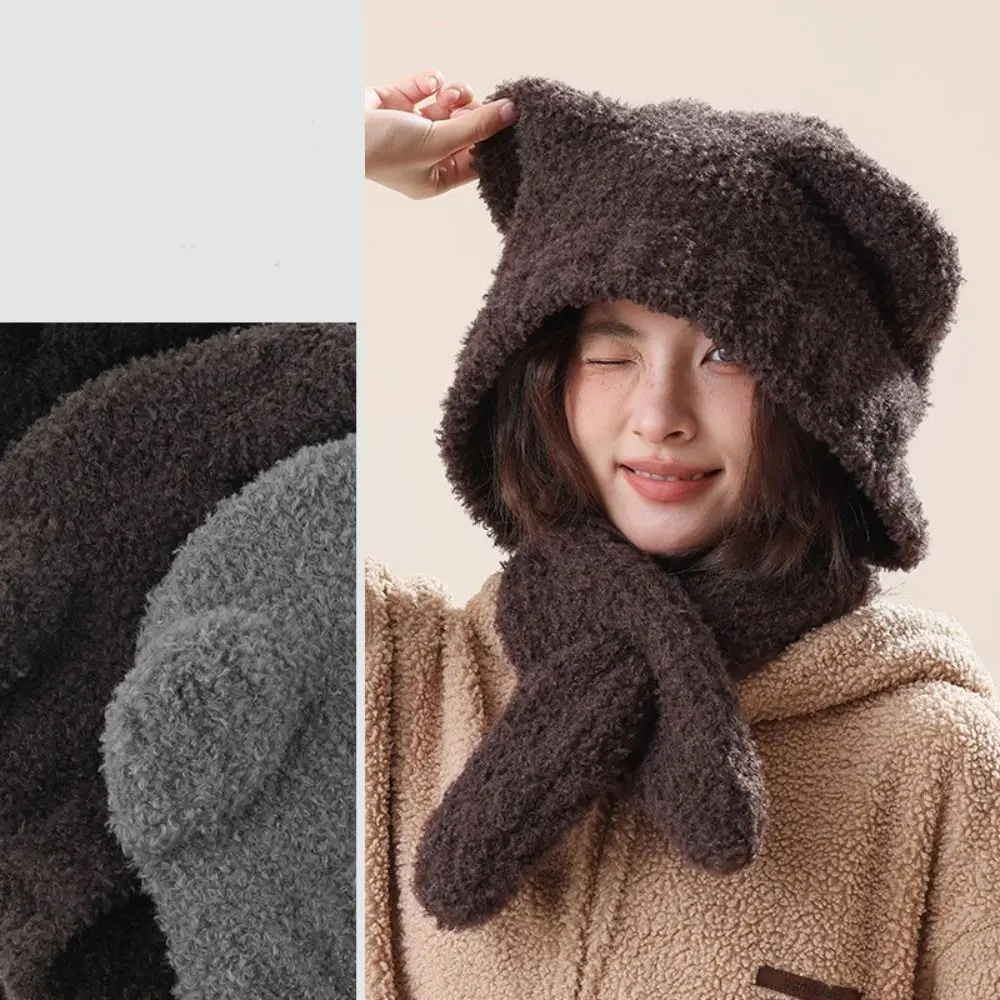 Cartoon Warm Plush Bear Ear Hat Cap Velvet Cute Beanies Cartoon Thickened Hat Scarf Integrated Ski