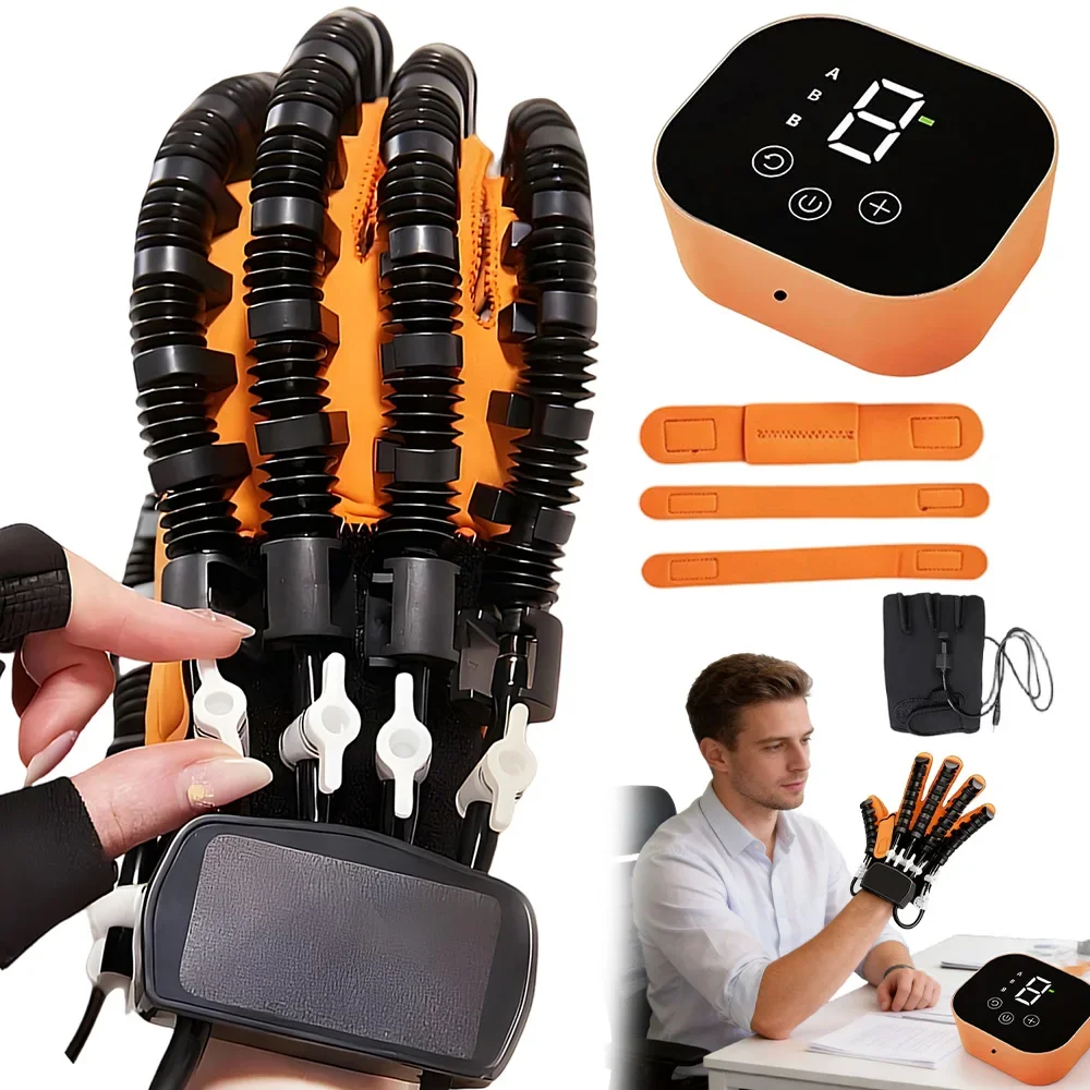Gant robotisé de rééducation pour la main gauche, taille XL, noir et orange bicolore, entraînement des doigts assisté par l'électricité, tension réglable, appareil d'exercice thérapeutique pour la main, pour la récupération post-AVC, la réparation des nerfs, le renforcement musculaire, outil de physiothérapie à domicile