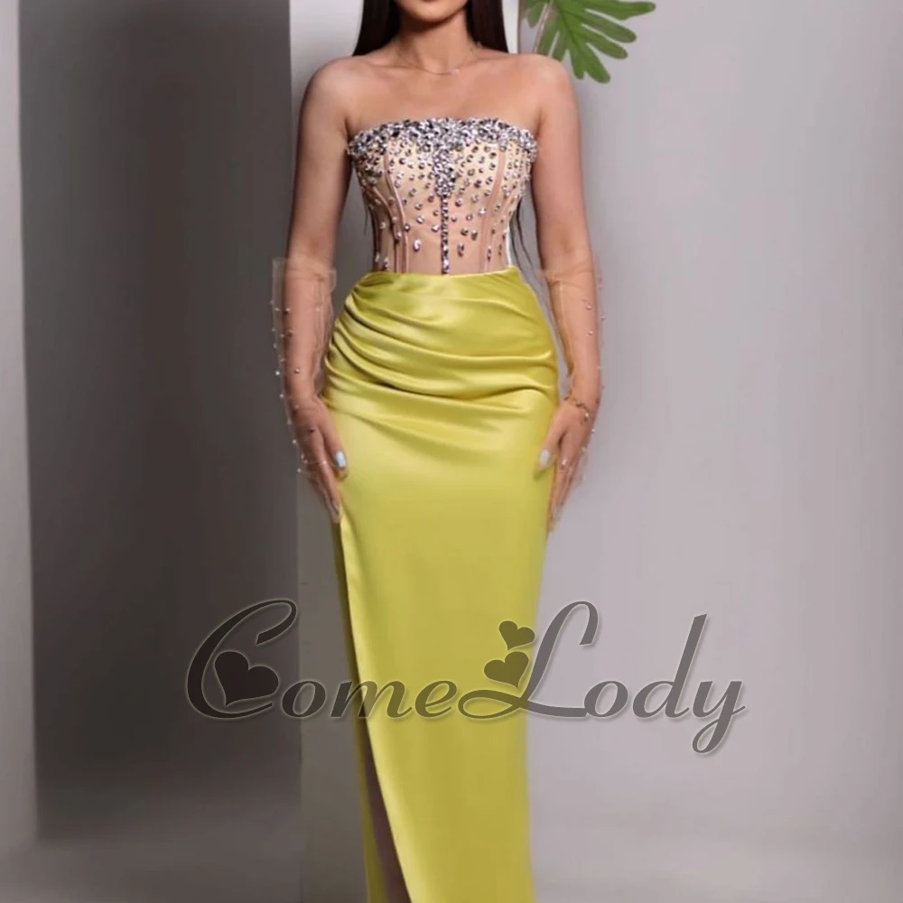 

Comelody Fashionable Satin Prom Dresses for Women Saudi Arabric High Slit Rhinestones Strapless Pleat Zipper Trumpet Customised