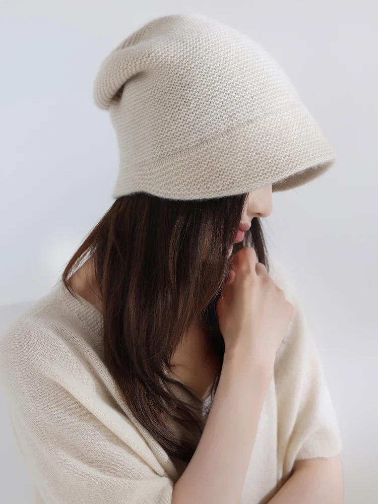 Autumn Winter Versatile Hats 100% Cashmere Hat Women Elastic Duckbill Cap Warm Beanies Leisure Stacked Cap Knit Outdoor Headgear
