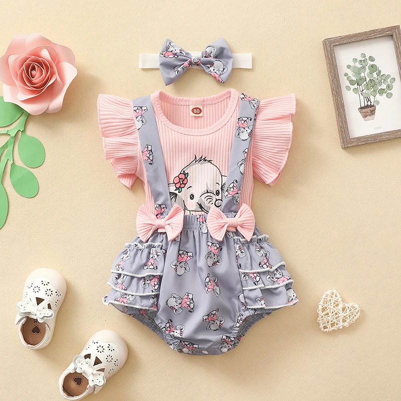 3 pieces set New Summer Baby T-shirt Strap Shorts Cow Bow Printed Strap Pants Set+Headband Soft Sweet Cute girl bow dress Set