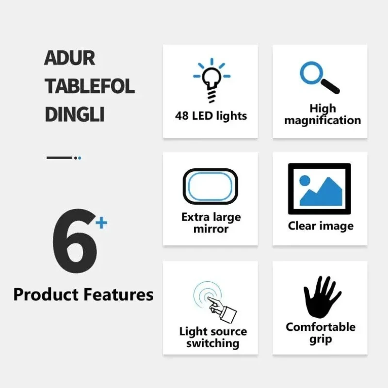 5X Handheld Folding Square Reading Magnifier 48LED 3 Color Light Magnifying Glass with LED Lights Helping Hands Loupe