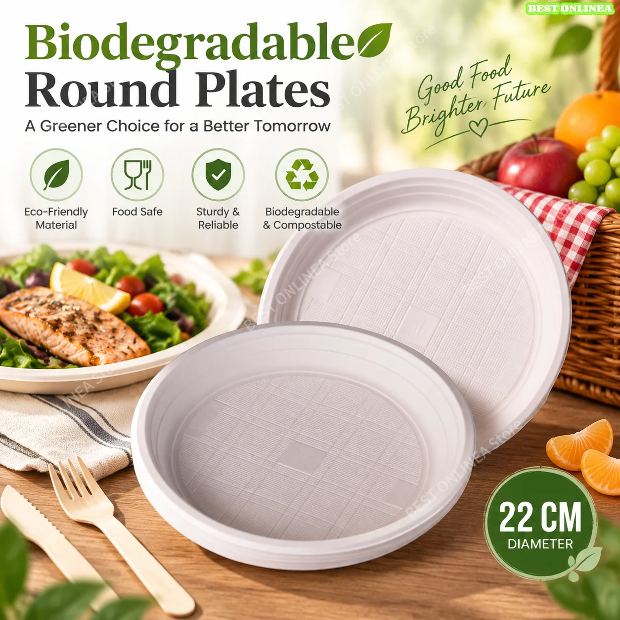 Piatti rotondi usa e getta da 22 cm, biodegradabili, ecologici, compostabili, resistenti, leggeri e impilabili, ideali per piatti caldi e freddi, picnic, feste, barbecue, campeggio, eventi all'aperto,
