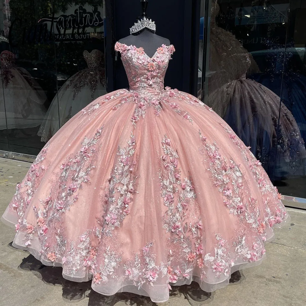 Robe de soirée rose à 16 nœuds, style mexicain, avec des appliques florales 3D, 2022