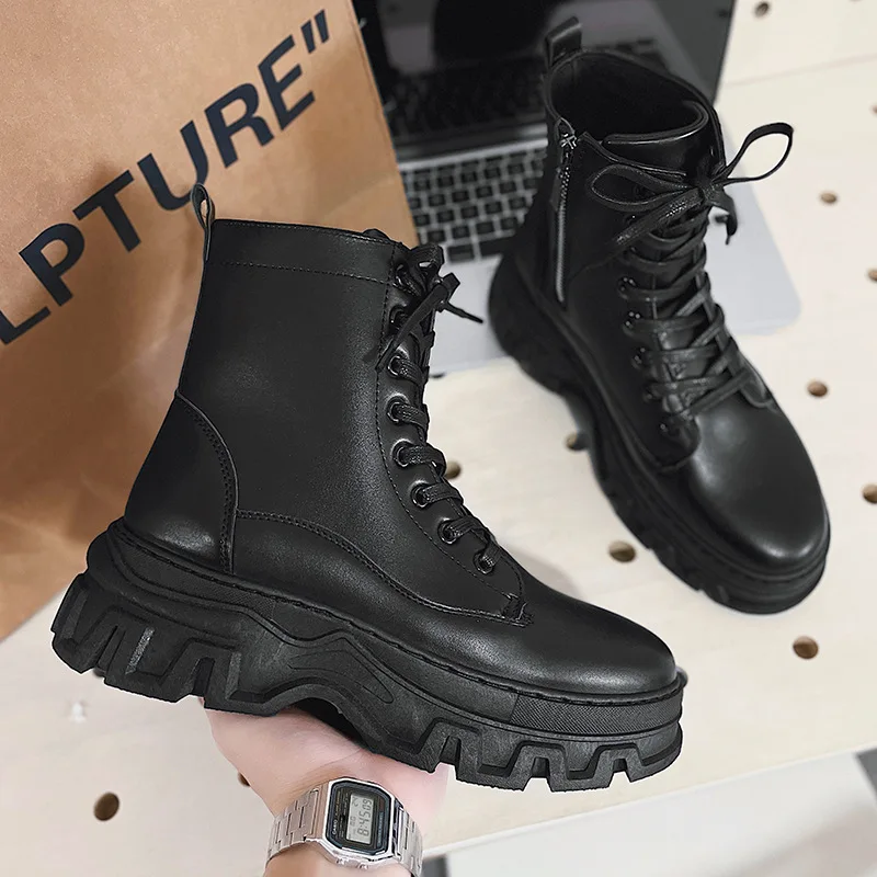 

Leather England Black Men's Biker Boot Fashion Young Waterproof Trendy Boots Man Autumn Winter High Top Classic Basic Shoes