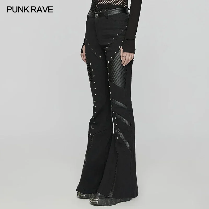 PUNK RAVE Women's Punk Eyelets Rivets Twill Street Flare Pants Handsome Cool Casual Panels Splicing Personalized Dark Trousers