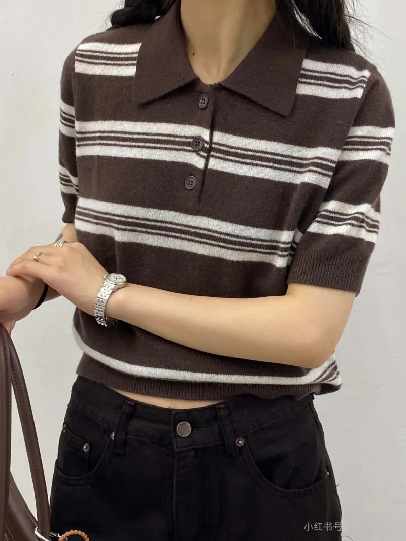 2024 Autumn New Women's Polo Shirt Fashionable and Exquisite American College Style Collar Slimming Striped Knitted T-shirt Top