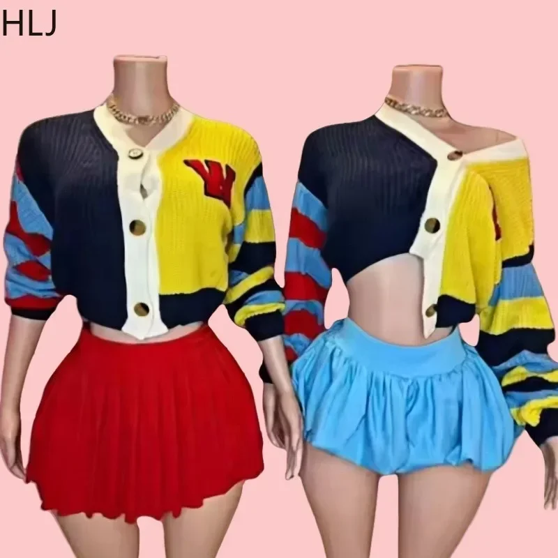 HLJ&GG Fashion Multicolor Patchwork Knitting Two Piece Sets Women Button Long Sleeve Crop Top And Mini Pleated Skirts Outfit