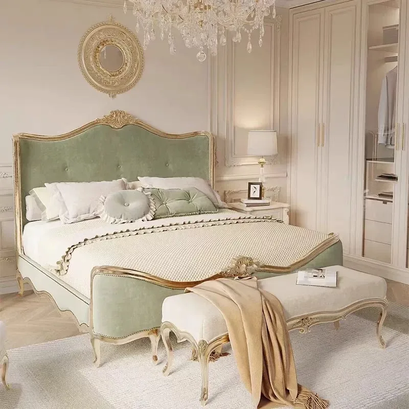 French Style Fabric Double Bed Solid Wood Fabric Wedding Bed Luxury European Style Master Bedroom Furniture