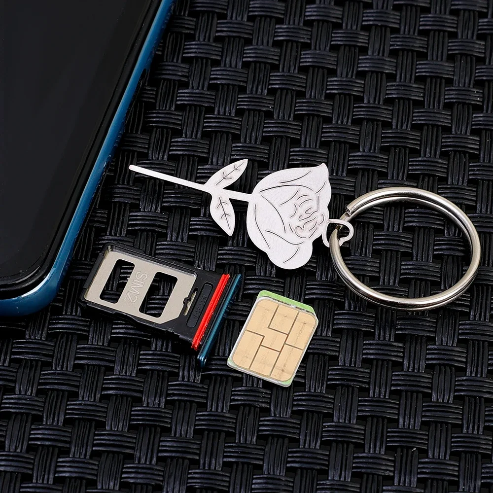 1-10PCS Creative Rose Shape SIM Card Tray Ejector Eject Pins Keychain For iPhone Samsung Xiaomi Metal Removal Card Needle Tool