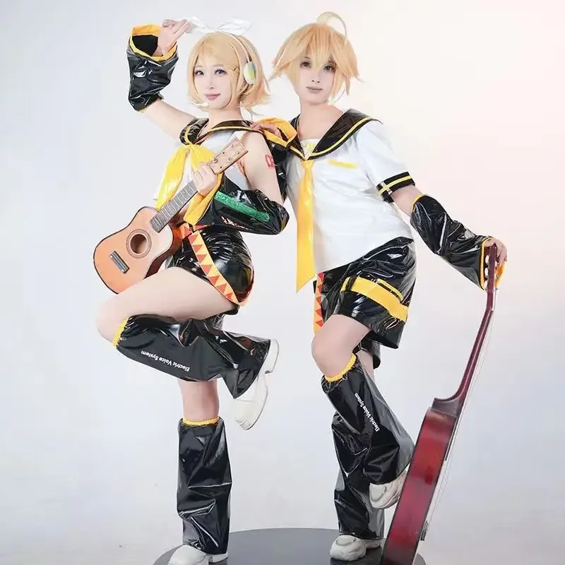 Kcagamine Rin Len Cosplay Costume, Twin Brother Ajustable Uniforme, Robe, Chaussures, Perruque, Costume de ixd'Halloween, Complet Trempé, Anime