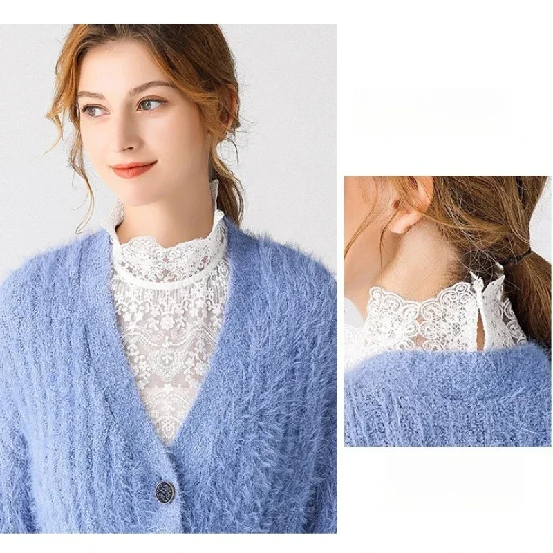 우아한 레이스 꽃무늬 가짜 칼라 여름 드레스 반소매 탈부착 가능한 러플 장식 칼라