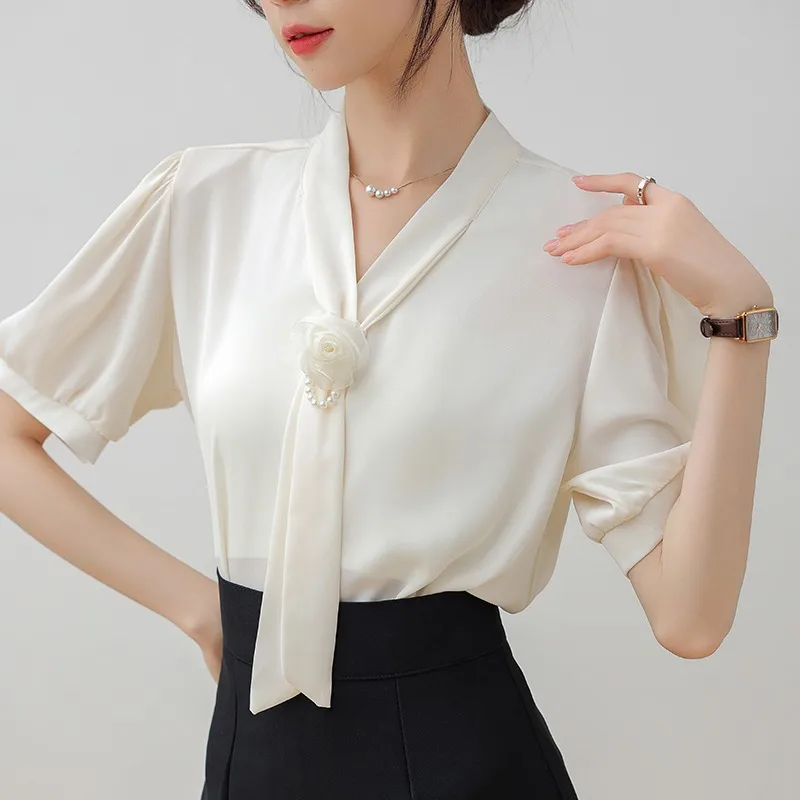 2024 Summer Satin Surface Short Sleeve Shirts Women Elegant Korean Ribbon Chic V-neck Office Lady Tops Fashion Bow Tie Blouses