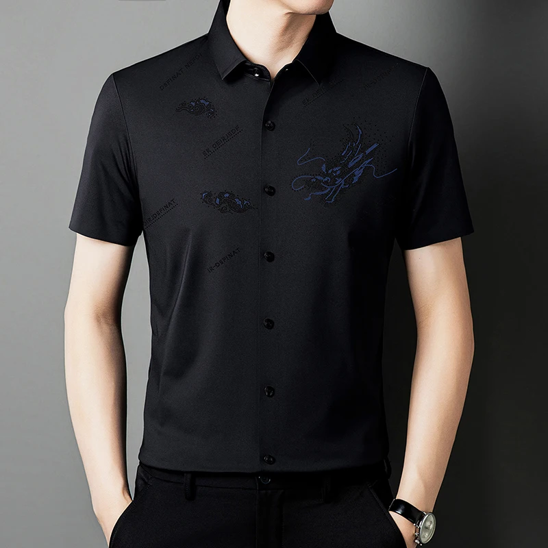 Knurling Dragon Pattern Shirts For Men Short Sleeve Seamless Icy Summer Quality Silky Anti-Wrinkle Casual Boutique Chemise Homme