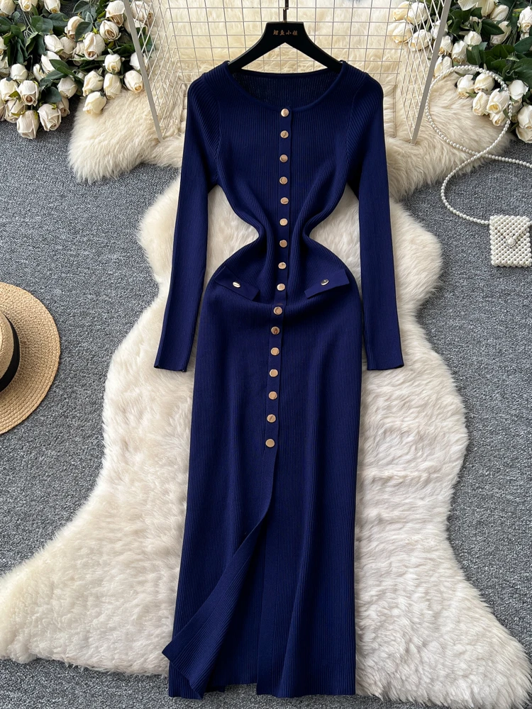 Slim Fit Long Sve Knitted Wrap Dr High Waist round Ne Single Button French Sle Ci Commute Dr Women's Faion