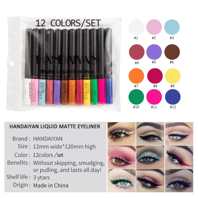 Handaiyan 12 Colors Matte UV Luminous Liquid Colorful Eyeliner Kit Waterproof Easy To Wear Make Up  Eye Liner Pencil