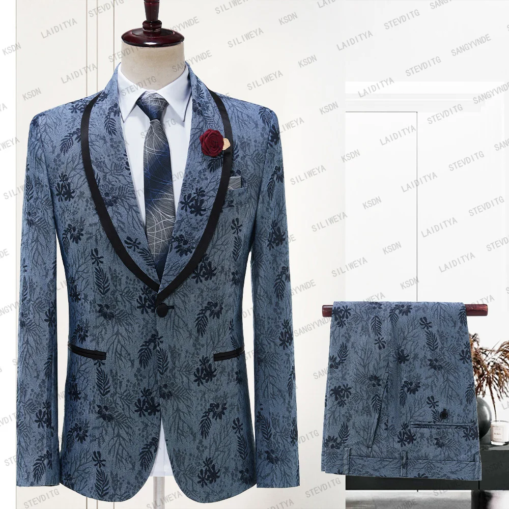 

2023 Fashion Suits Chic Shawl Lapel One Button Jacquard Men Suits Wedding Party Evening Dinner Slim Fit 2 Piece Blazer Pants