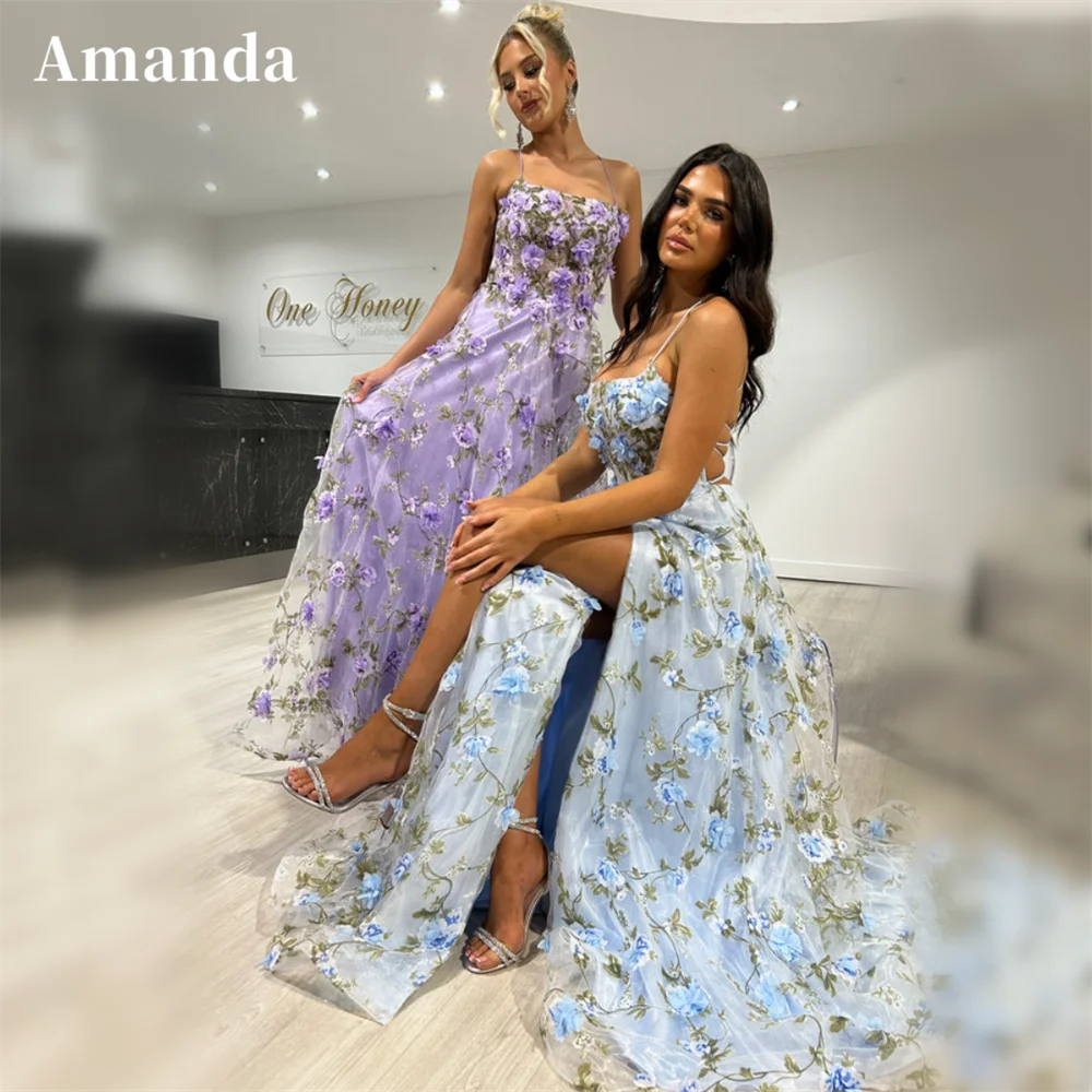 

Amanda 3D Flower Tulle Prom Dress 2023 Sweet Spaghetti Strap فساتين مناسبة رسمية Lace Up Back A-line Vestidos De Noche