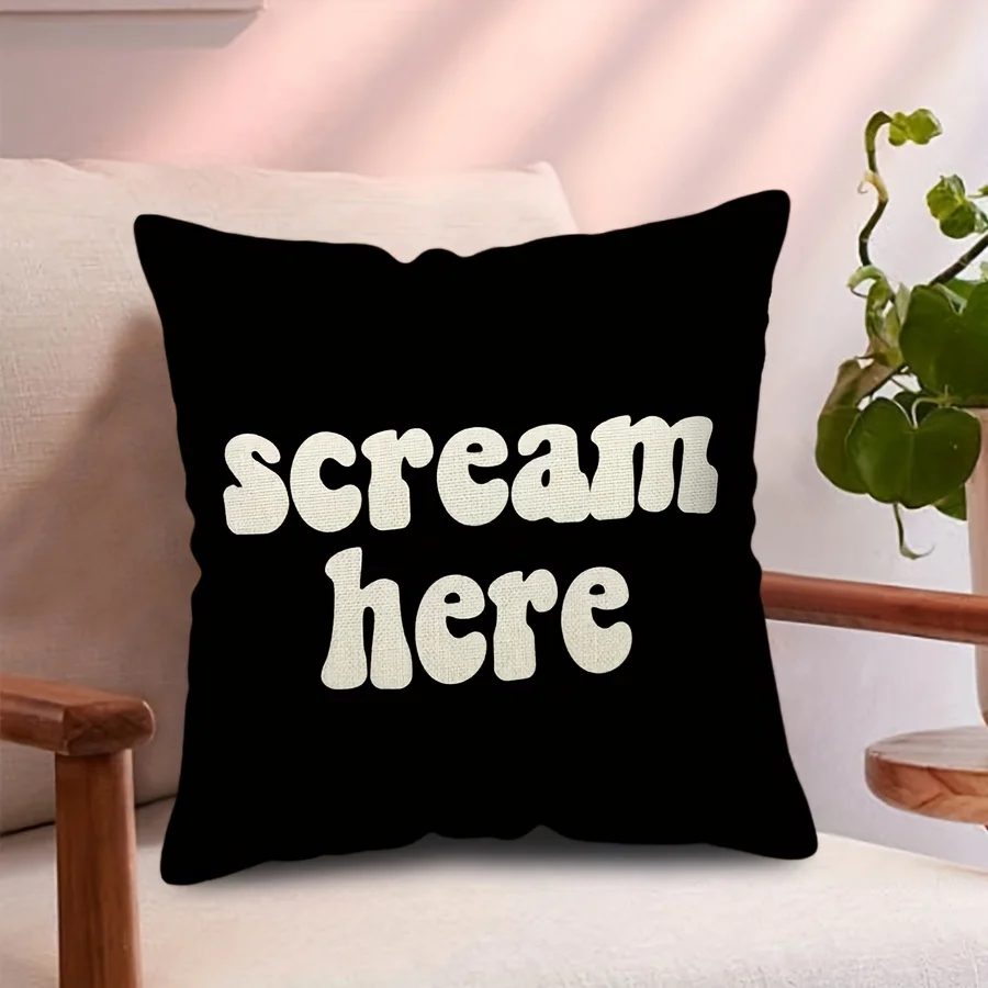 Funny Scream Here Pillow Cover Black & White Quote Art Decorative Cushion Case Zippered Machine Washable for Living Room