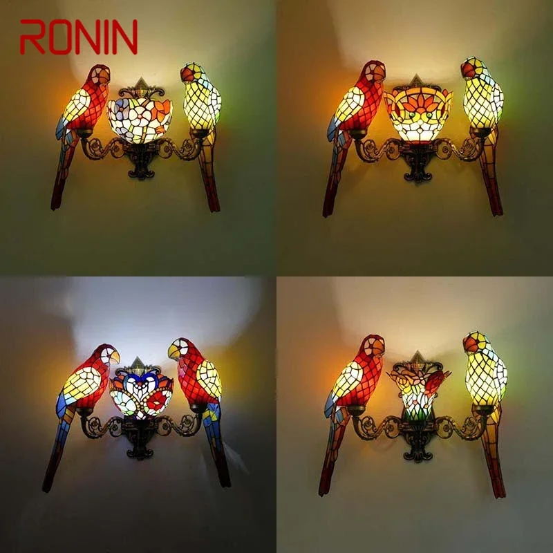 

RONIN Tiffany parrot Wall Lamps American countryside Children's room Homestay Villa Hotel Stained Glass Animal Decoration Lamp