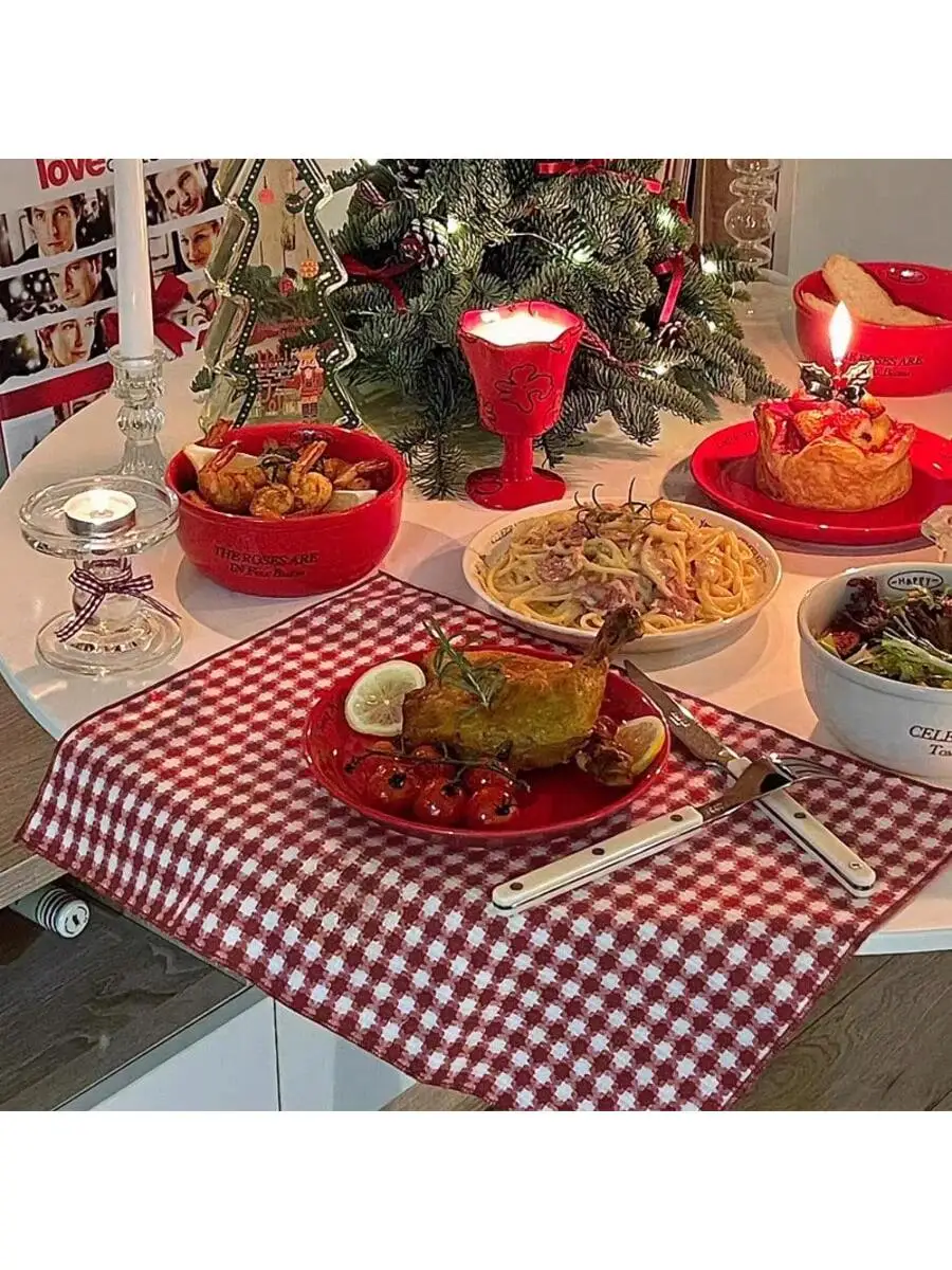 

Christmas Red White Gingham Table Runner Festive Table Decor for Holiday Dinner Party Dining Room