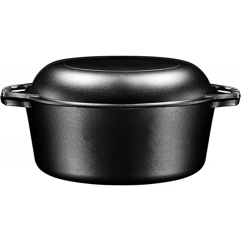

7 Quart Pre-Seasoned Cast Iron Double Dutch Oven - Skillet Lid, Heavy-Duty Oven-Safe Black Cookware for Versatile Cooking