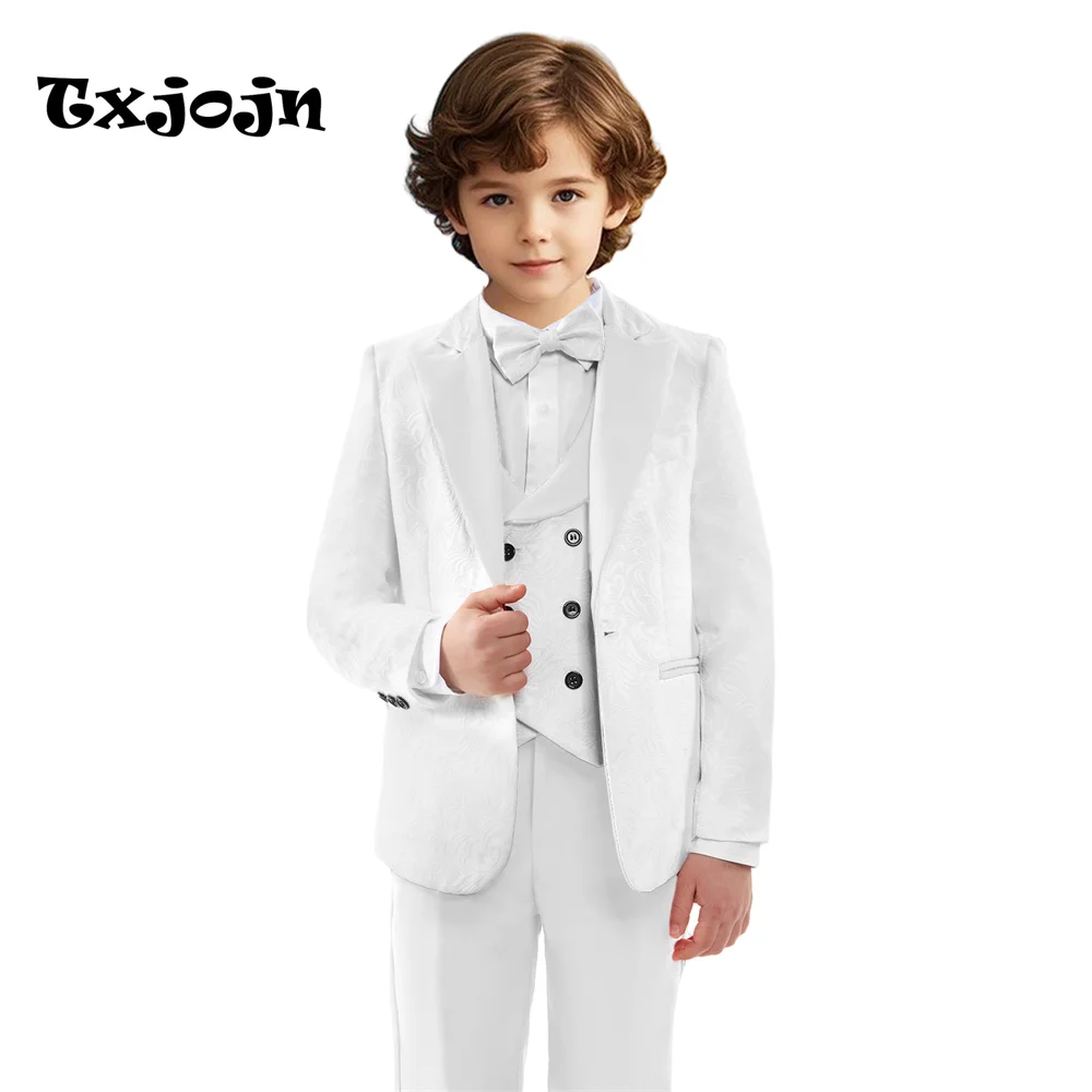 

White Jacquard Boys Slim Fit Suits 3 Pieces With Bow Wedding Ring Bearer Outfit Notched Lapel Kids Suit Set Performance Wear