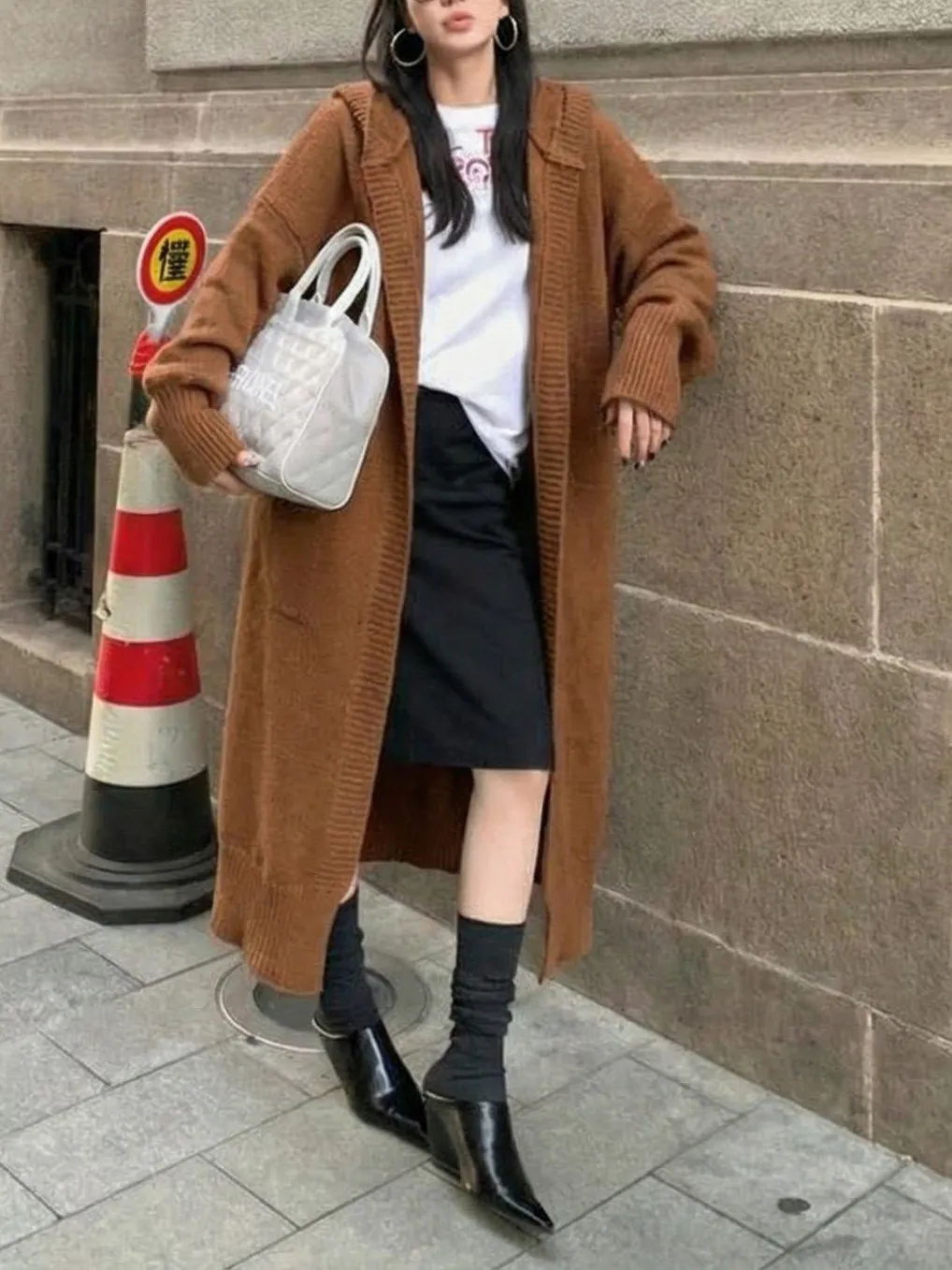 

Autumn Winter New Long Over-Knee Lazy Knitted Open Cardigan Women's Sweater Jaet Sweet Sle Straight Cut Regular Sve