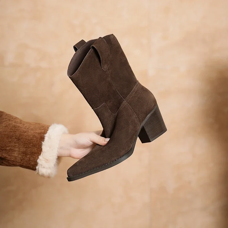2027 New Autumn/winter Women's Boots Pointed Toe Chunky Heel Short Boots Cow Suede Western Boots Shoes for Women High Heels