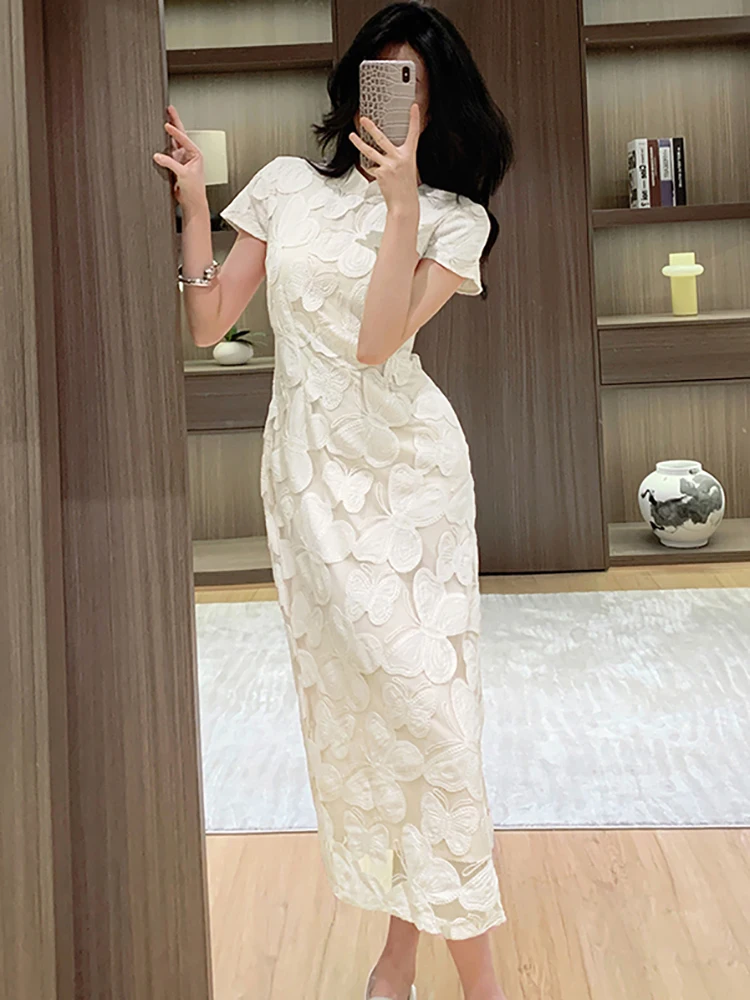 Vrouwen roze jacquard uitgehold korte mouw jurk zomer elegante casual vakantie lange jurk 2025, Koreaanse bodycon festival vestidos