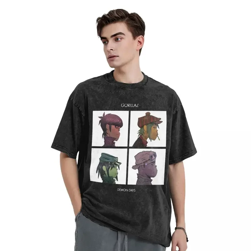 Washed T Shirt Music Band Gorillaz Demon Days Hip Hop Vintage T-Shirt Oversize Streetwear Graphic Tops Tees for Men Women