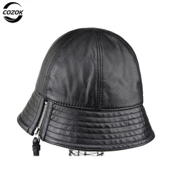 Fashion Genuine Leather Bucket Hat Sheepskin Fishing Cap Foldable Hiking Hat Hip-Hop Street Waterproof Hats For Women And Men