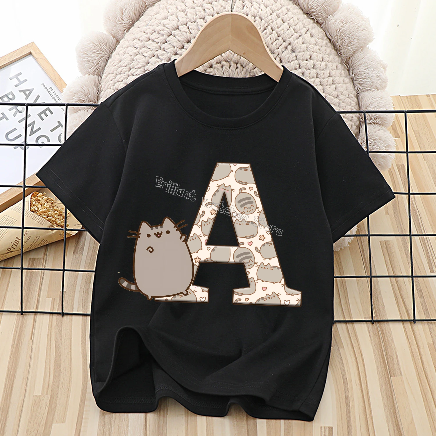 Pusheen Cat T-shirt for Children Letters A-Z Tee Top Cute Cartoon Boys Girl Clothes Black Short Sleeve Kids Anime Loose Clothing