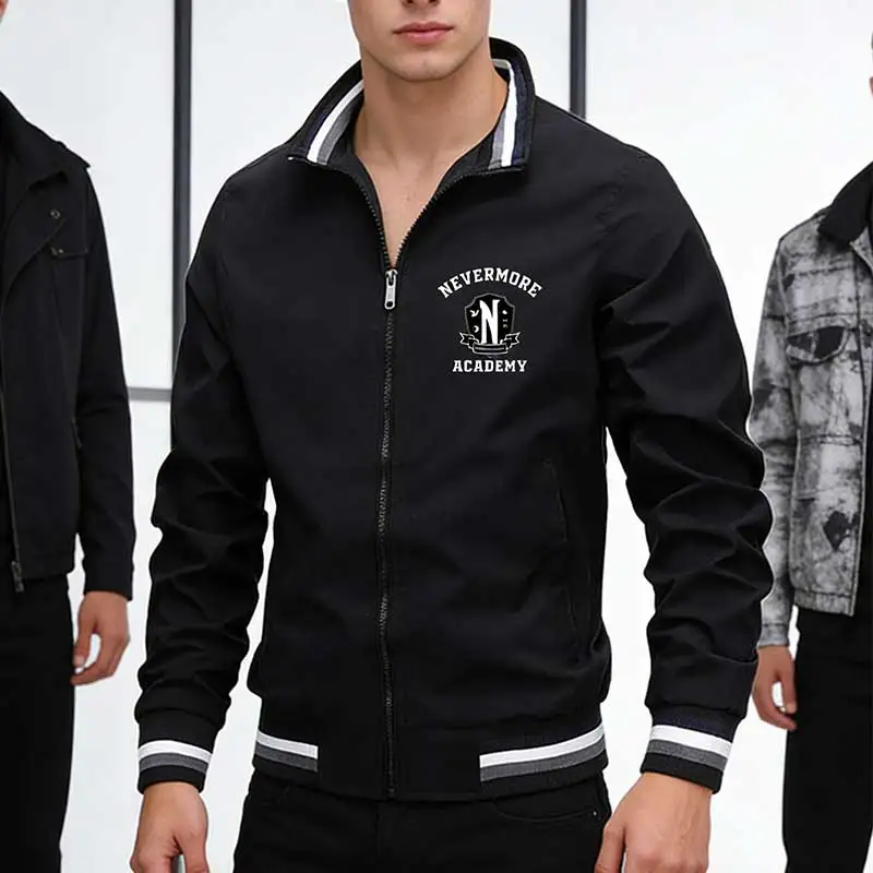 2026 Fashion Spring and Autumn Nevermore Academy Logo Print Zip Jacket Men's Pocket Casual Sportswear Outdoor Cardigan