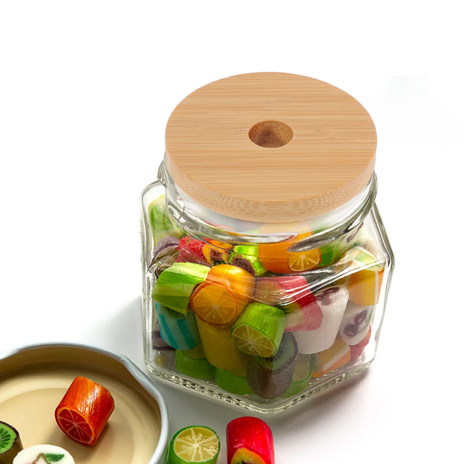 

6pcs Mason Jar Lids Wood Grain Sealed Reusable Straw Holes Compatible Smoothie Cups Water Glasses Food Storage Silicon
