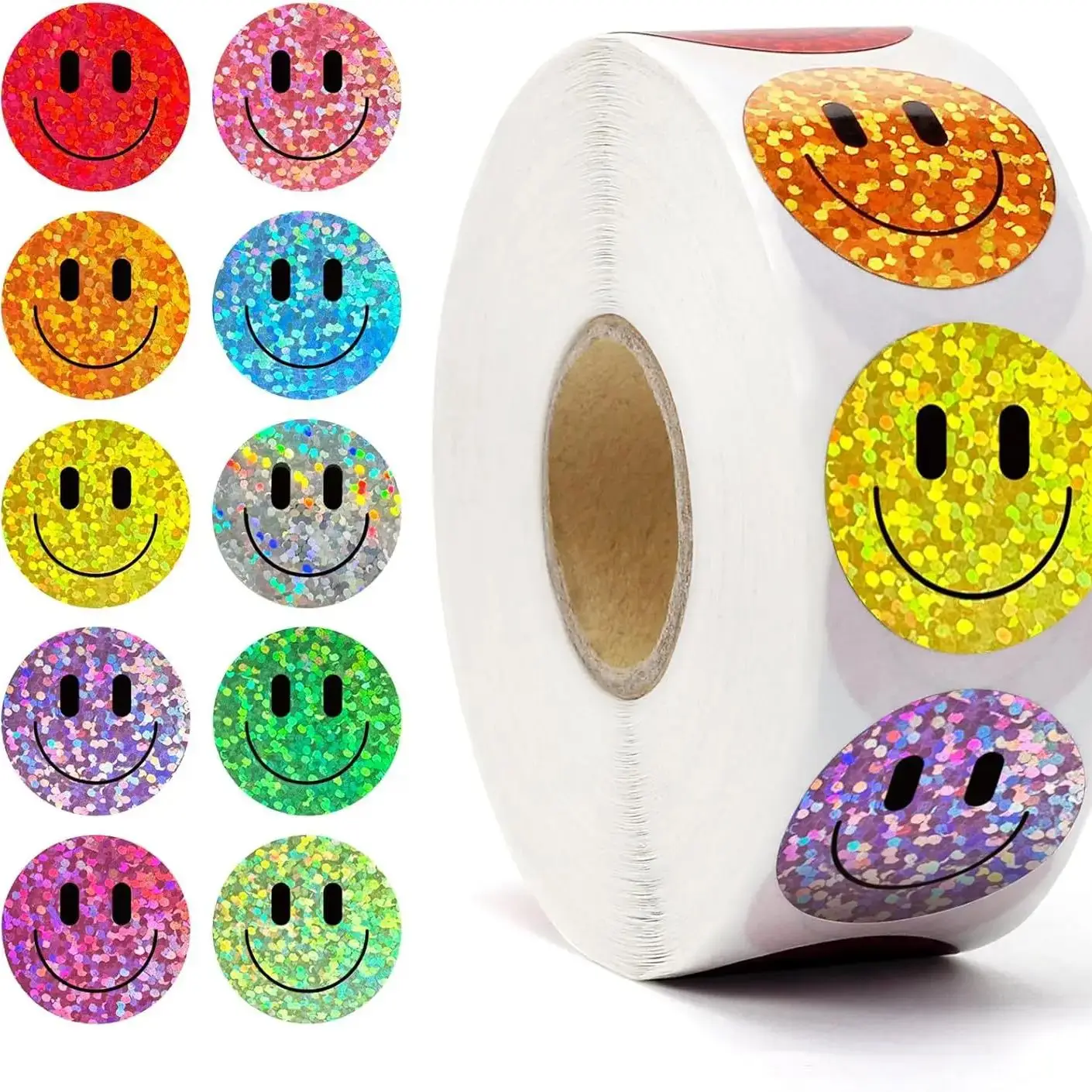 500 stuks Smile Face Stickers Roll Laser Kleurrijke Happy Face Sticker voor klaslokaal Terug naar school Verjaardag Leraarbeloning, 1 inch - afbeelding 2
