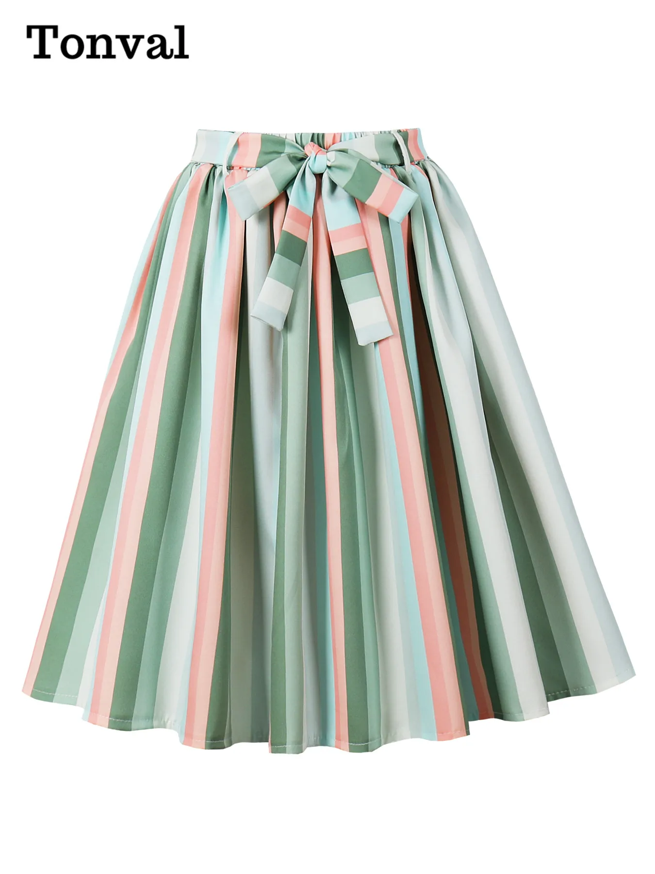 

Tonval Elastic Waist Multicolor Striped Vintage Pleated Skirts Womens 2025 Casual Clothing Belted Elegant Swing Skirt